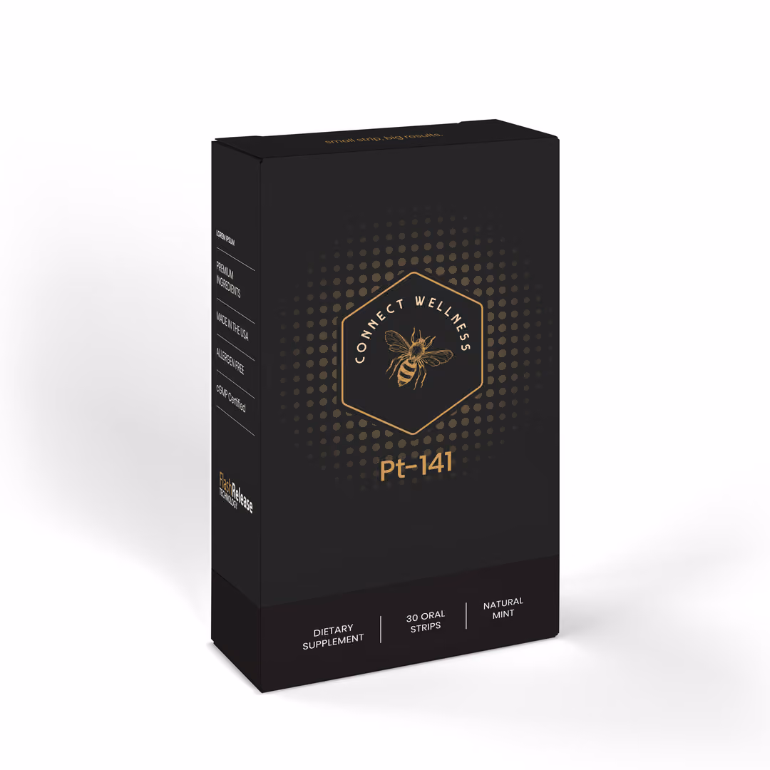 PT-141 2 mg and oxytocin 25 mcg compounded oral dissolving peptide strips in product packaging from Connect Wellness Compounding Pharmacy in Eagle, Idaho.