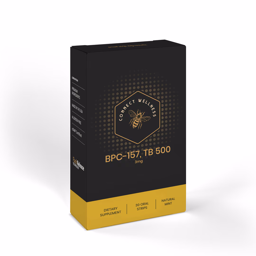 BPC-157 and TB-500 compounded oral dissolving peptide strips in product packaging from Connect Wellness Compounding Pharmacy in Eagle, Idaho.