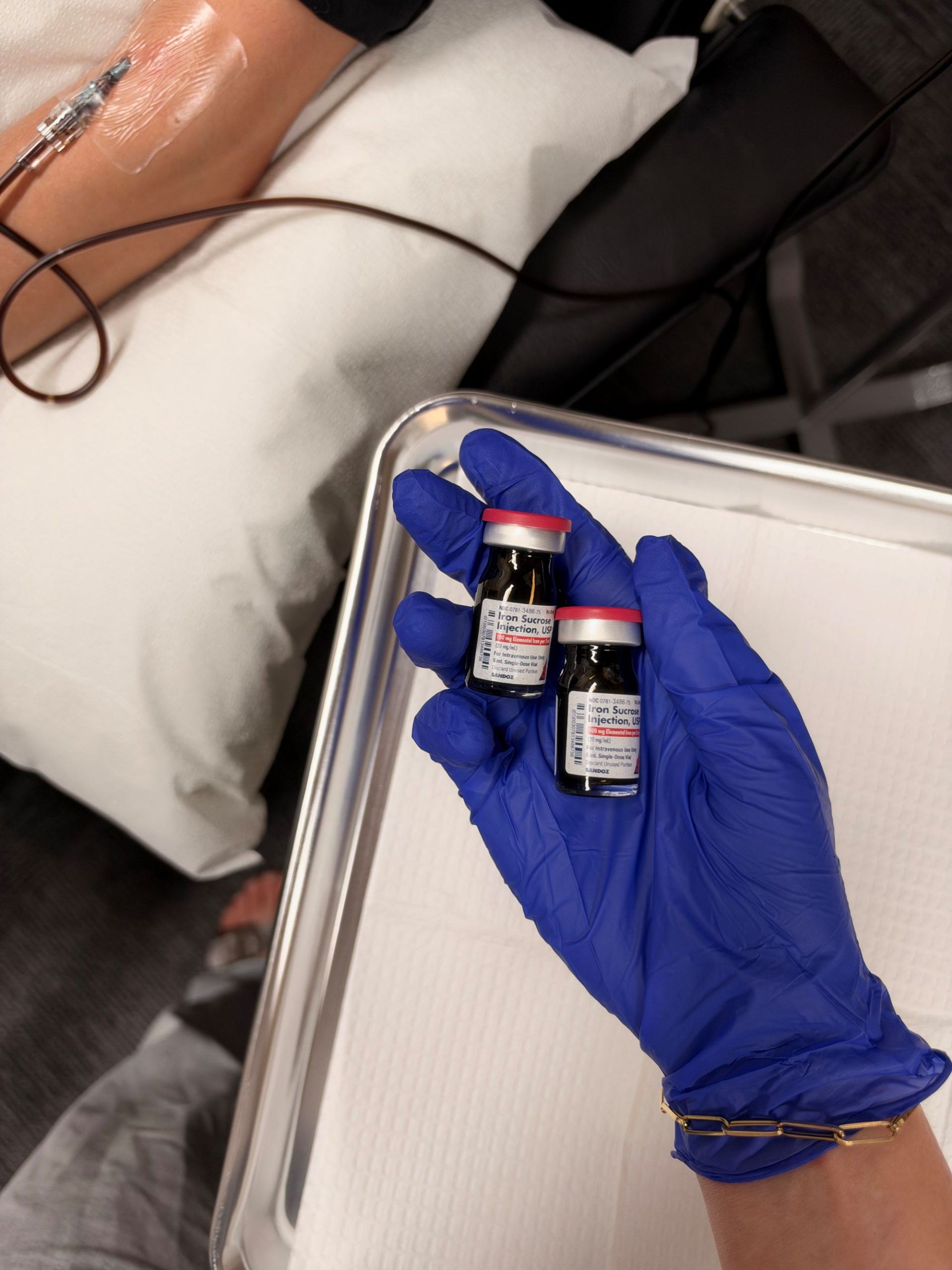 Bottles of Venofer (iron sucrose), an intravenous iron medication used to treat iron deficiency anemia in certain patients. Iron sucrose is administered through an IV infusion to replenish iron stores.